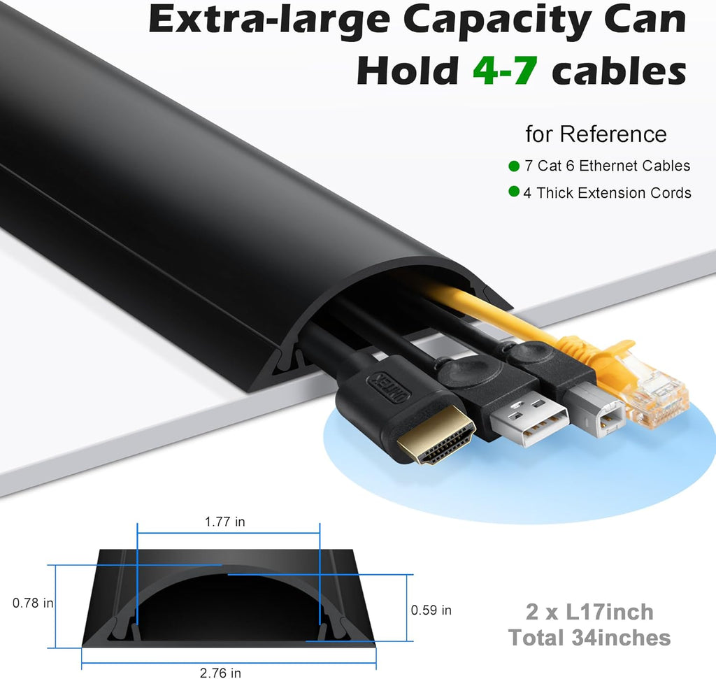 Cord Cover Floor 34in (2 x L17in), Large Capacity Floor Cable Cover, Hard PVC Cord Hider, Wire Cable Management Raceway, Black, Cord Cavity - 1.8"(W) x 0.6"(H)