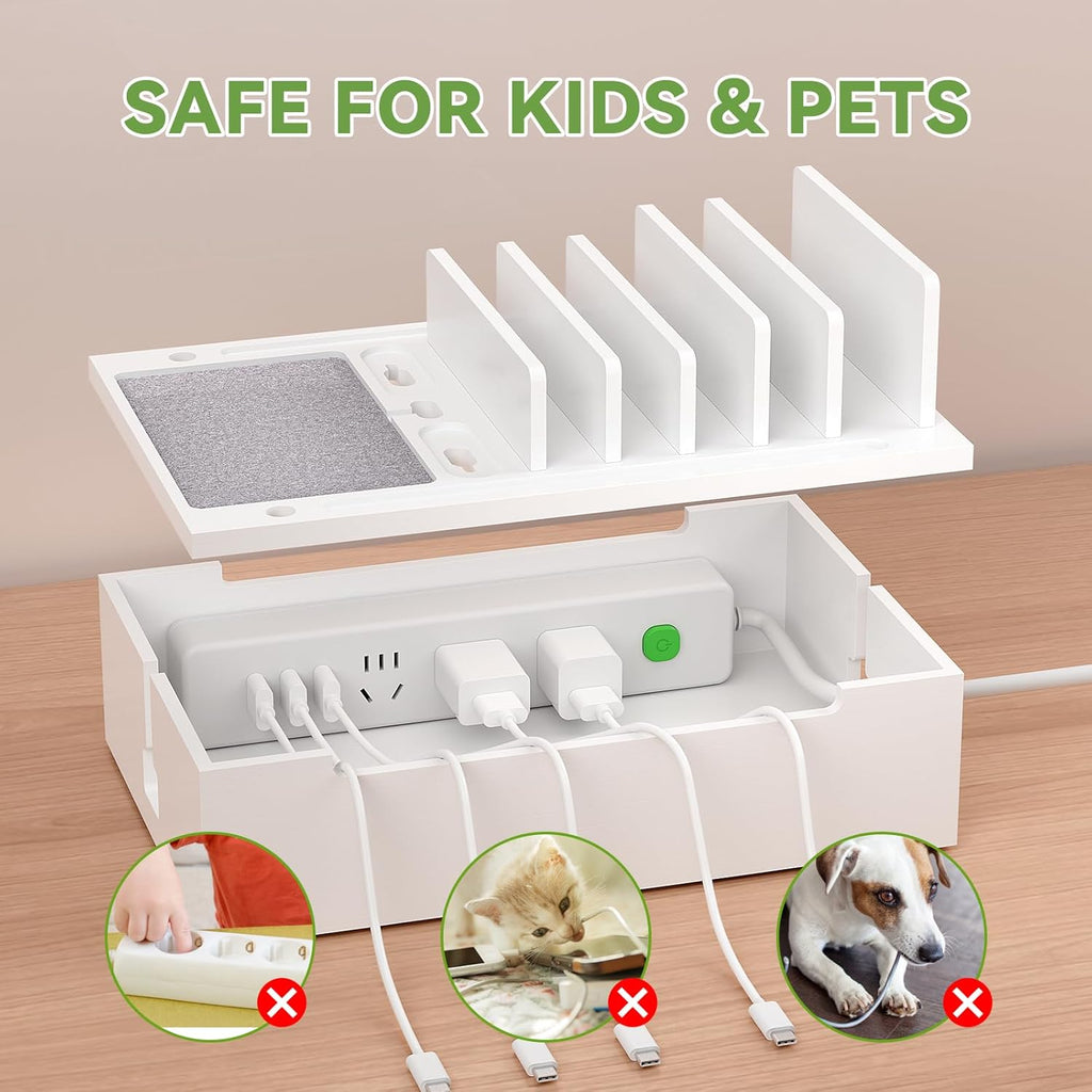 Pezin & Hulin Bamboo Charging Station for Multiple Devices, USB Charger Dock Organizer, with Power Supply (10 Ports HUB), 6 Cables, Cable Management Organizer for Cell Phones, Tablets -White