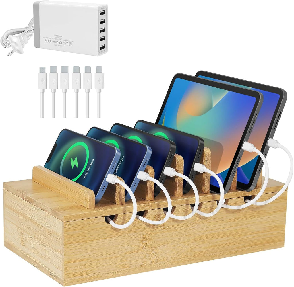 Bamboo Charging Station for Multiple Devices (Includes 5 Port USB Charger, 6 x Charge Cables), Upgrade Desk Docking Stations Organizer for iPhone Devices, Tablets, Laptop Holder Stand