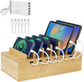 Bamboo Charging Station for Multiple Devices (Includes 5 Port USB Charger, 6 x Charge Cables), Upgrade Desk Docking Stations Organizer for iPhone Devices, Tablets, Laptop Holder Stand