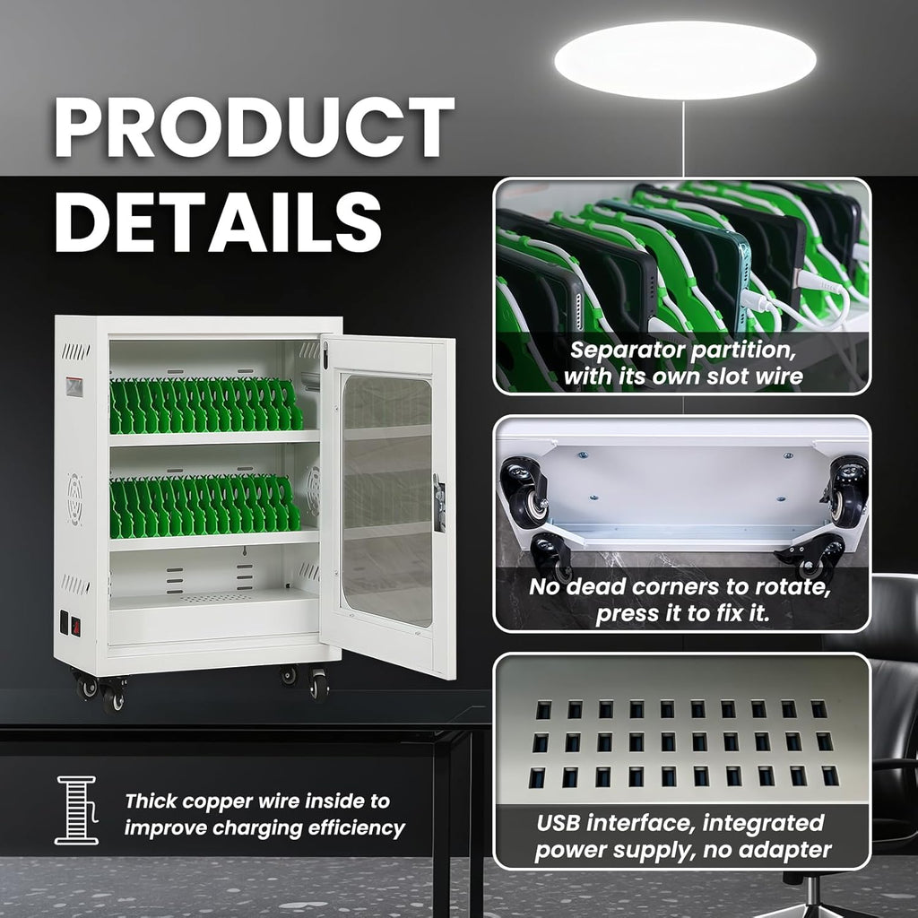 30 Device Cell Phone Charging Stations, Mobile Phone Charging Cabinet, Cellphone USB Charging Cart, Rechargeable Cellphone Locker Storage Charging Station (White, 30 Slots)