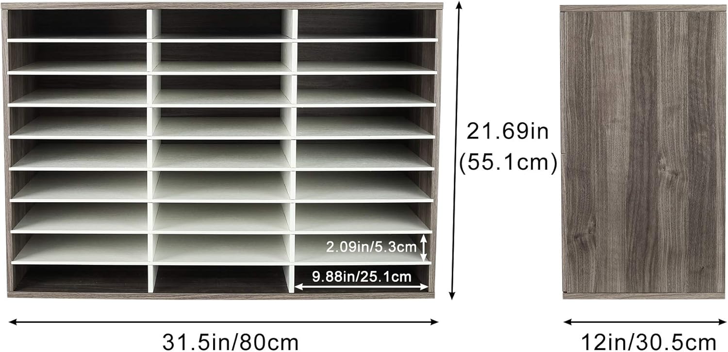 TQVAI Wood Adjustable Literature Organizer Desktop File Sorter Mail Center Paper Storage Cabinet Home & Office Mailbox School Classroom Keepers, 27 Slots Compartments, Retro Grey/White