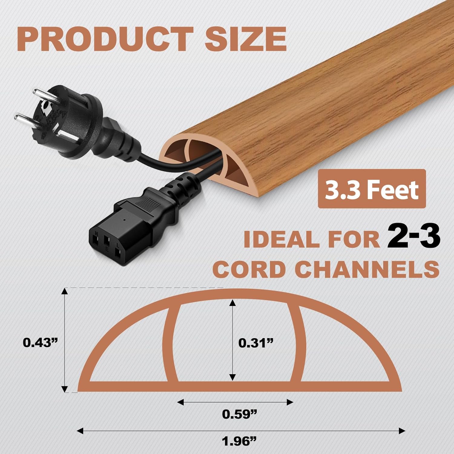 Floor Cord Cover for Wires on Floor Self Adhesive Cord Hider Floor Cable Management Wire Covers for Cords Protector Prevent Cable Trips Cord Cavity W 0.59" x H 0.31", Brown Wood, 3.3Ft