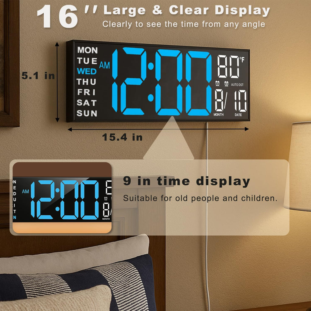 TrophyRak 16" Large Digital Wall Mount Clock, Count Down Timer, Alarm, Big LED, RGB Color, DST, Temperature for Living Room Classroom Desk, Wall, Xmas, Birthday Gift for Senior Mom Dad, Blue White