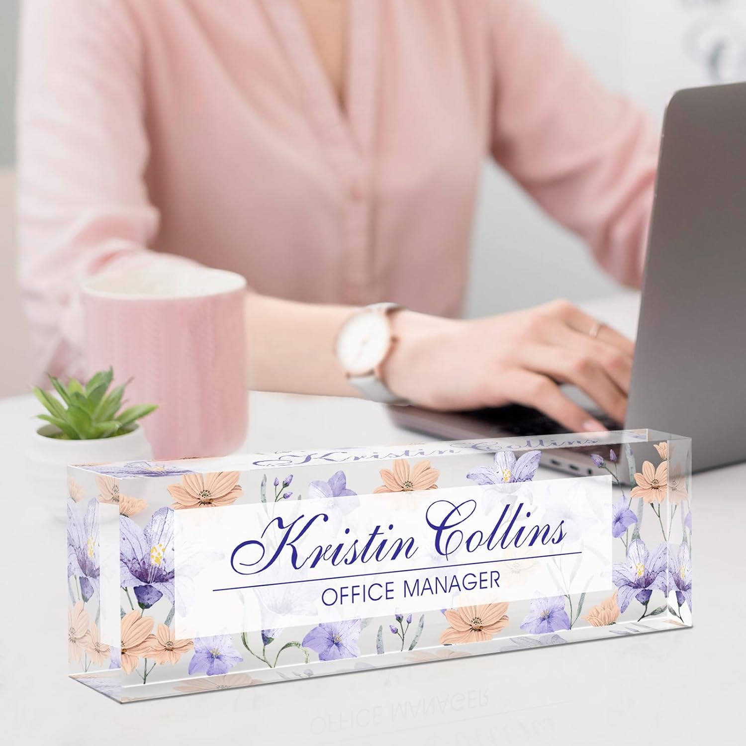 Custom Name Plate for Desk, Acrylic Office Decor For Women Men, Personalized Office Desk Accessories, Teacher Employee Appreciation Gifts For Social Worker Boss Coworkers (Flowers-5)