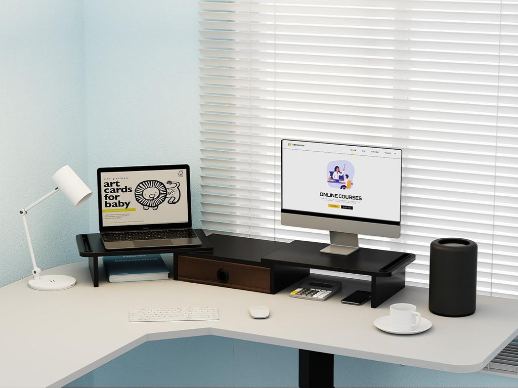 Dual Monitor Stand Riser with Drawer-Adjustable Length and Angle, Monitor Stand Riser for 2 Monitors, Desktop Organizer Stand for Computer/Laptop/PC/Printer (Black)