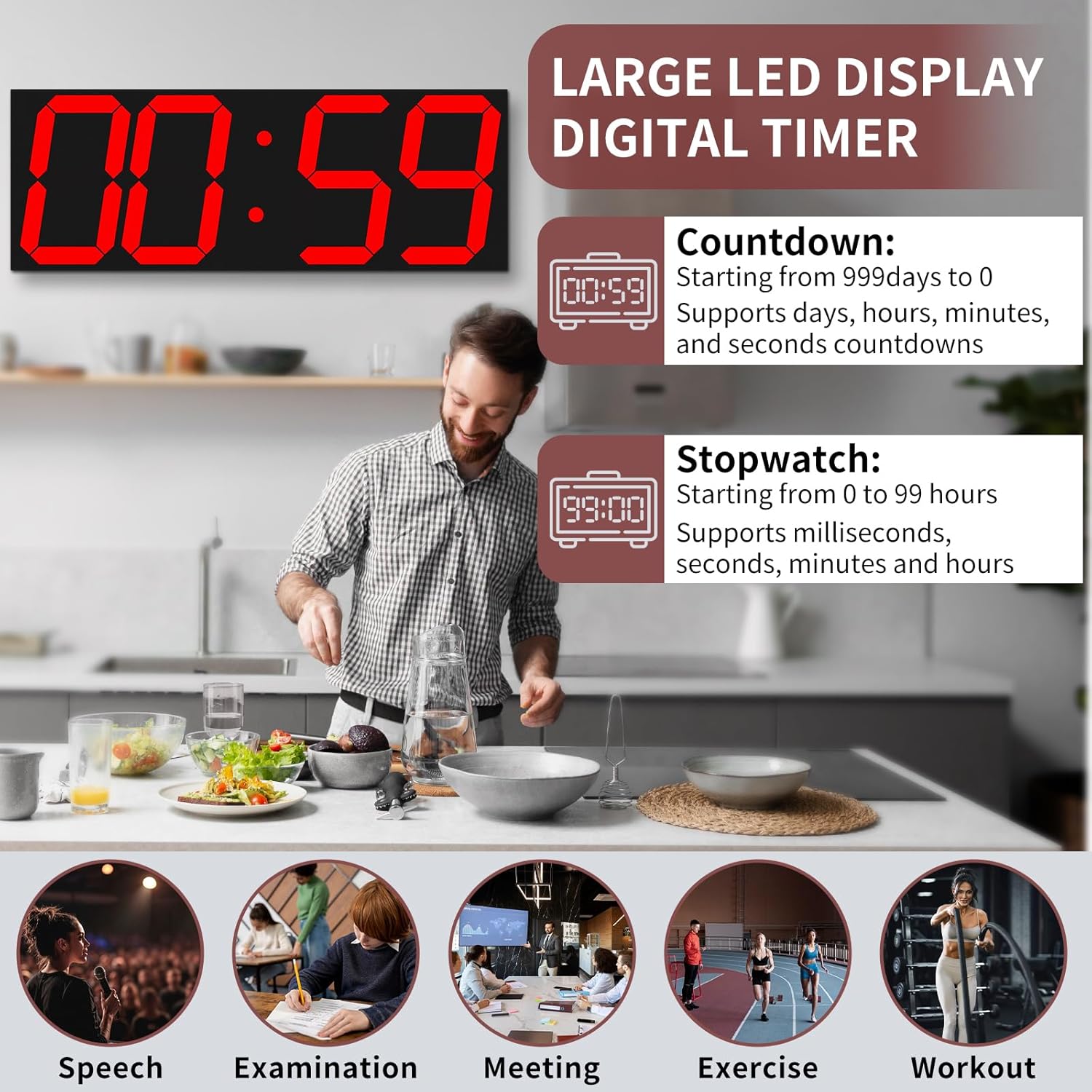 Large Digital Wall Clock,LED Digital Clock with Big Number,Multi-Function Remote Controlled Wall Clock with Timer, Alarm and Calendar Display(Red)