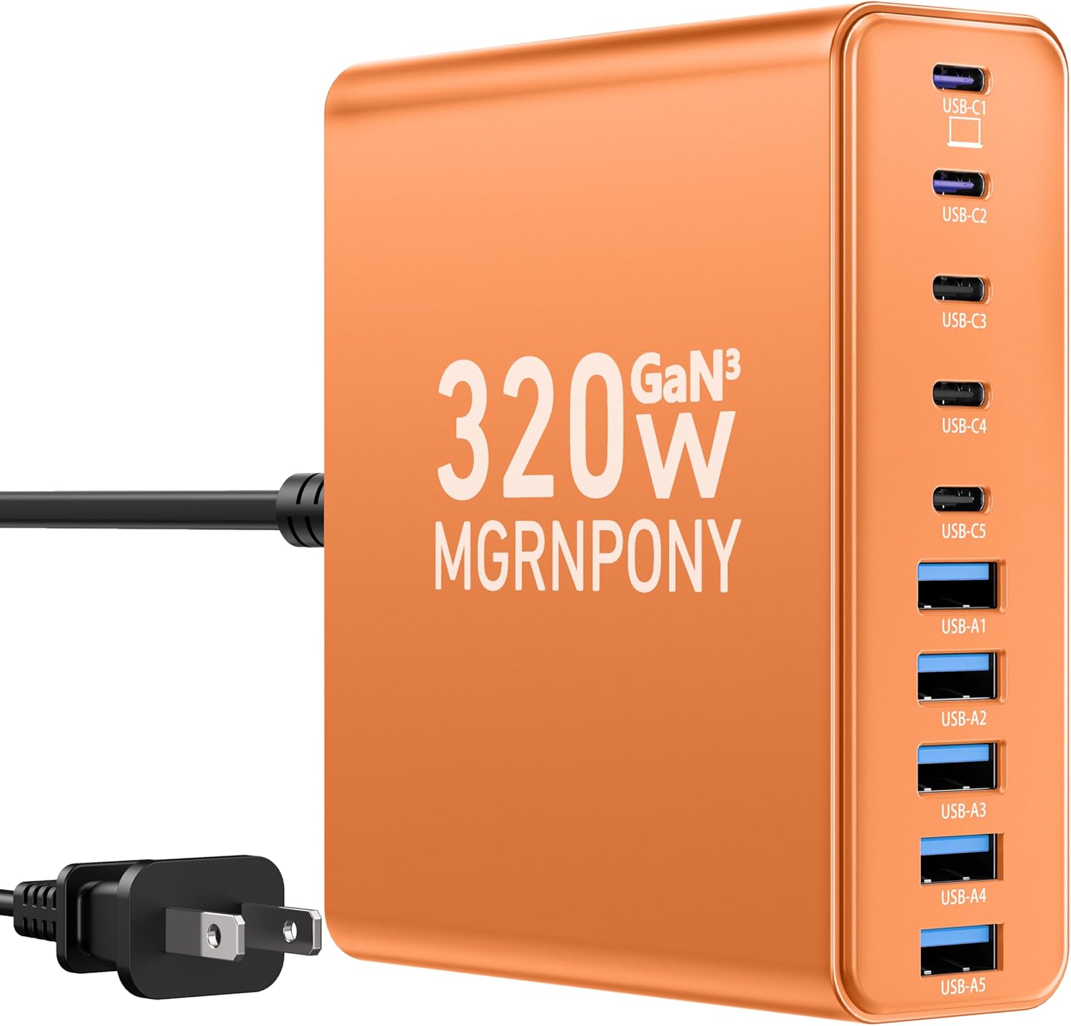 320W USB C Charger Block, 10-Port USB C Charging Station GaN III PD 65W Laptop Fast Charger Adapter for MacBook Pro/Air, DELL, iPad, iPhone, Samsung Galaxy (Orange)