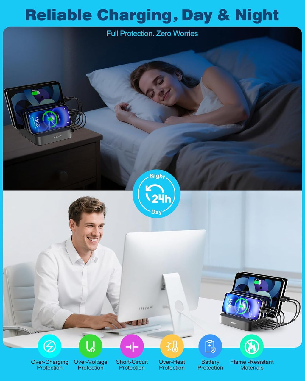 MSTJRY Charging Station for Multiple Devices : 5 Port Multi USB-A Charger Stations Multi-Device Organizer Charging Dock Designed for iPhone iPad Cell Phone Tablets (7 Short Cables Included), Gray