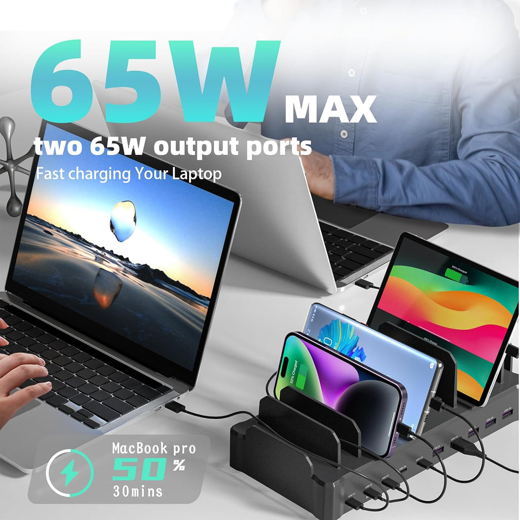 320W Charging Station for Multiple Devices, Zobirez 10-Port USB C Fast Charger Stations for MacBook, iPhone, Android Cell Phone, iPad, Tablet, Family Multi-Device Organizer Charging Dock, Black