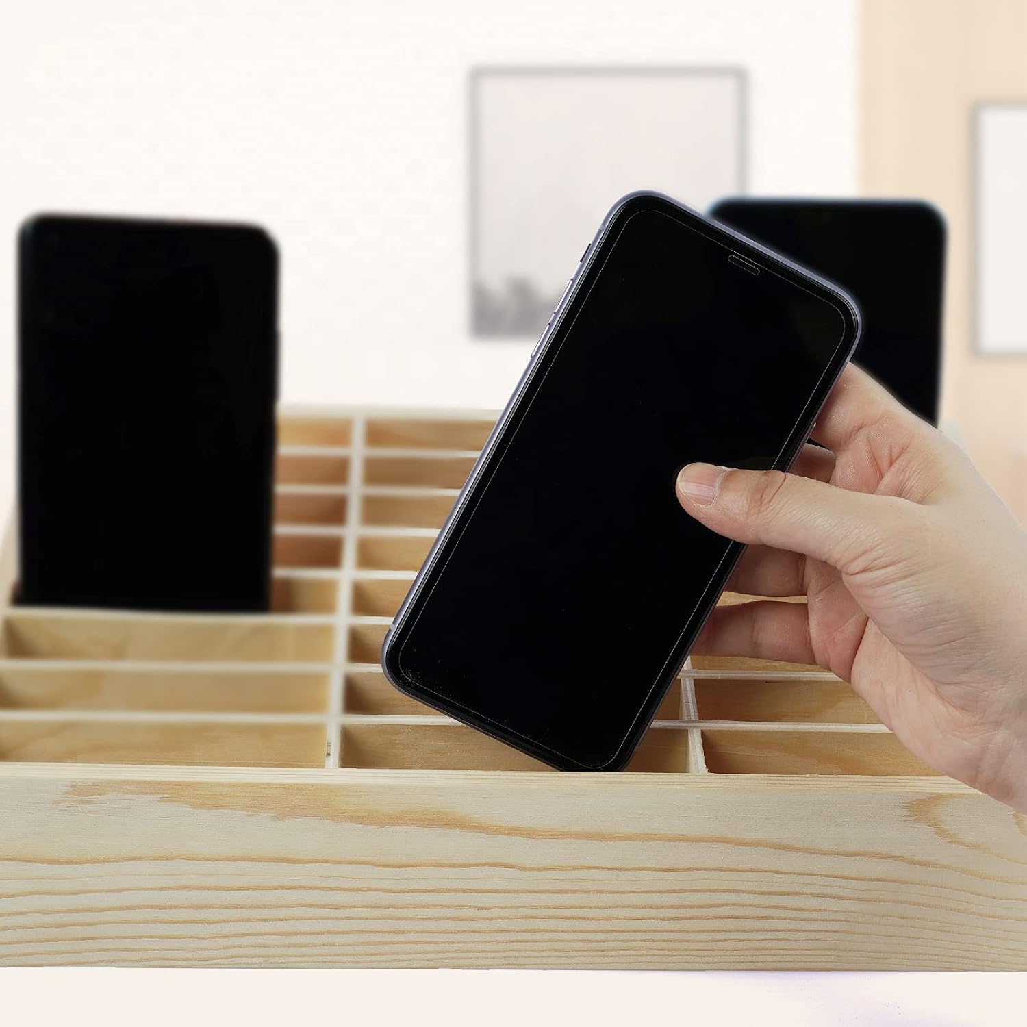 36-Grid Wooden Cell Phone Holder Desktop Organizer Storage Box for Classroom Office (36-Grid)