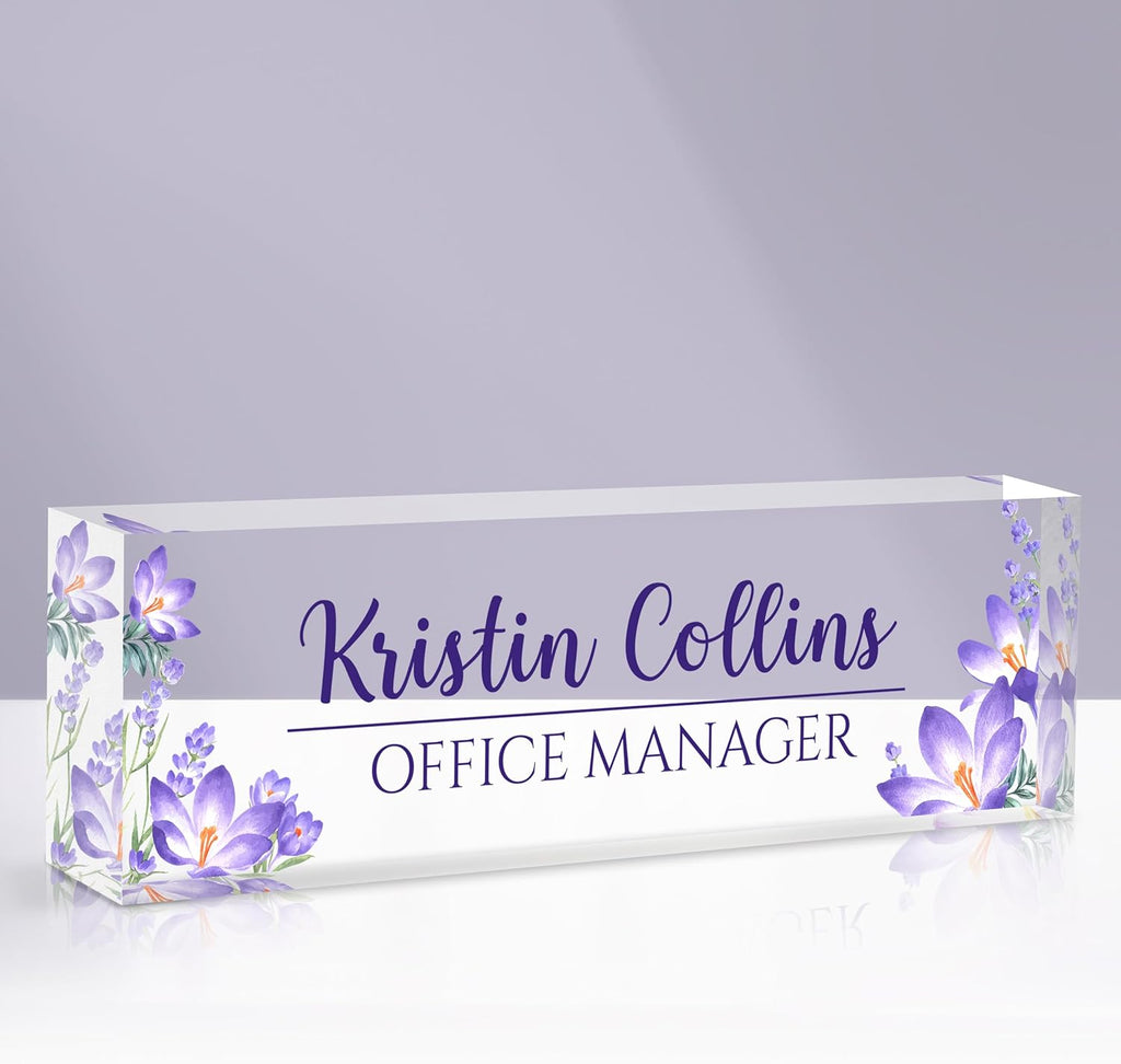 Custom Name Plate for Desk, Acrylic Office Decor For Women Men, Personalized Office Desk Accessories, Teacher Employee Appreciation Gifts For Social Worker Boss Coworkers (Purple Flower-1)