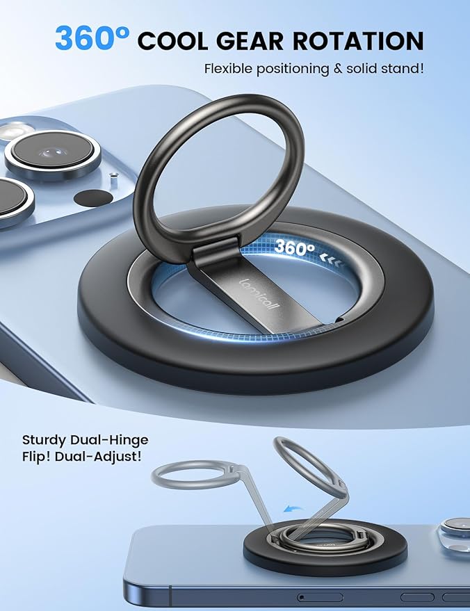 Lamicall 2025 [Stable Dual-Hinge] Magnetic Phone Grip Stand for MagSafe, Finger Ring Holder Phone Kickstand [Super Magnet] 360° Rotation Ring, Mag Safe Accessories for iPhone 16 15 14 Pro Max, Android