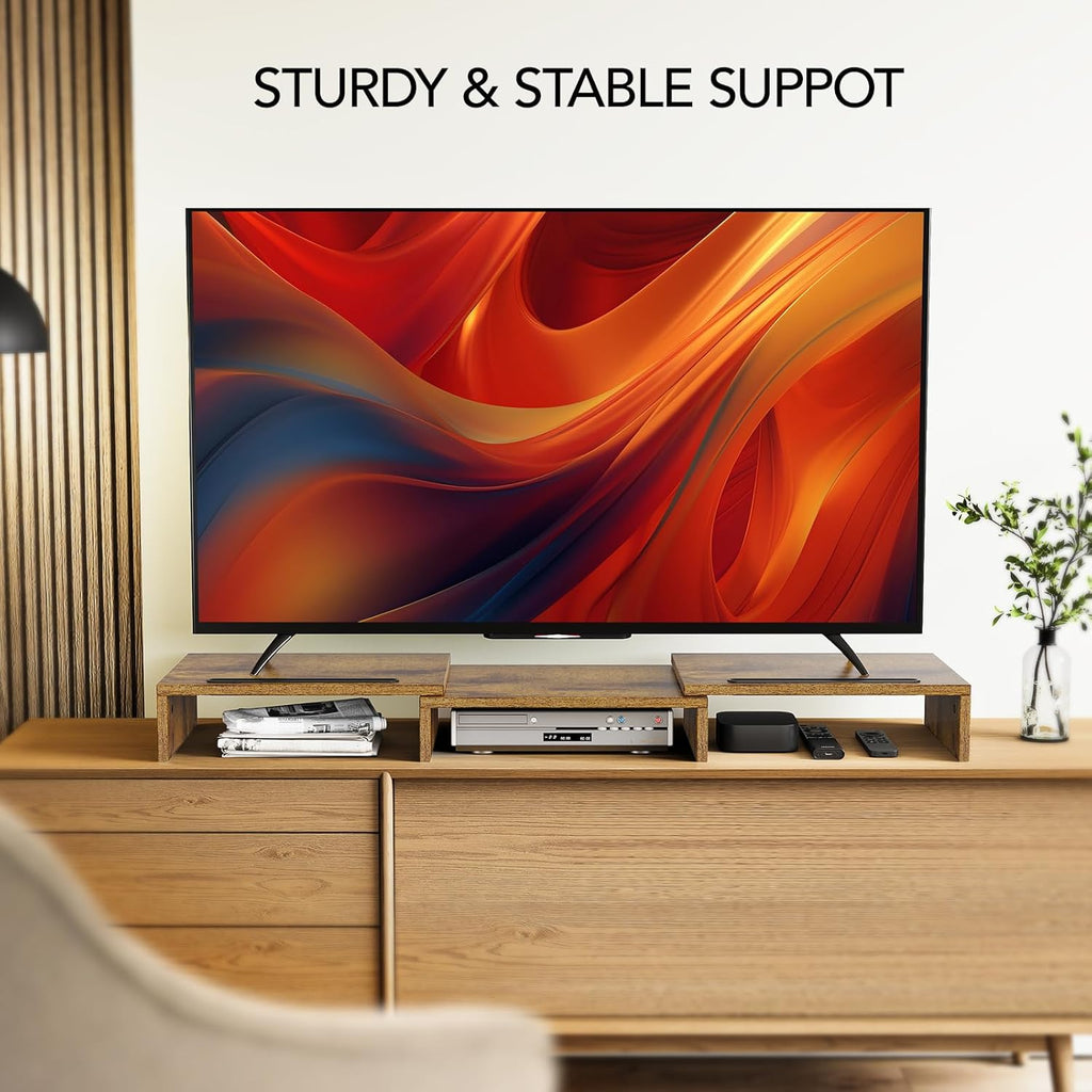 AMERIERGO Dual Monitor Stand Riser- 3 Shelf Screen Stand with Adjustable Length and Angle, 2 Extra Functional Slot Desktop Organizer Stand for PC, Computer, Laptop (Rustic Brown)