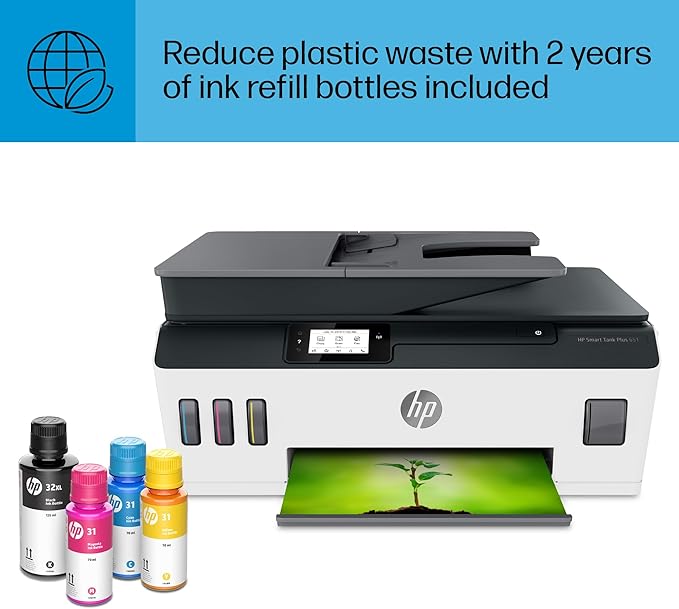 HP Smart -Tank Plus 651 Wireless All-in-One Ink -Tank Printer, up to 2 Years of Ink in Bottles, Auto Document Feeder, Mobile Print, Scan, Copy,, Fax, Works with Alexa (7XV38A)
