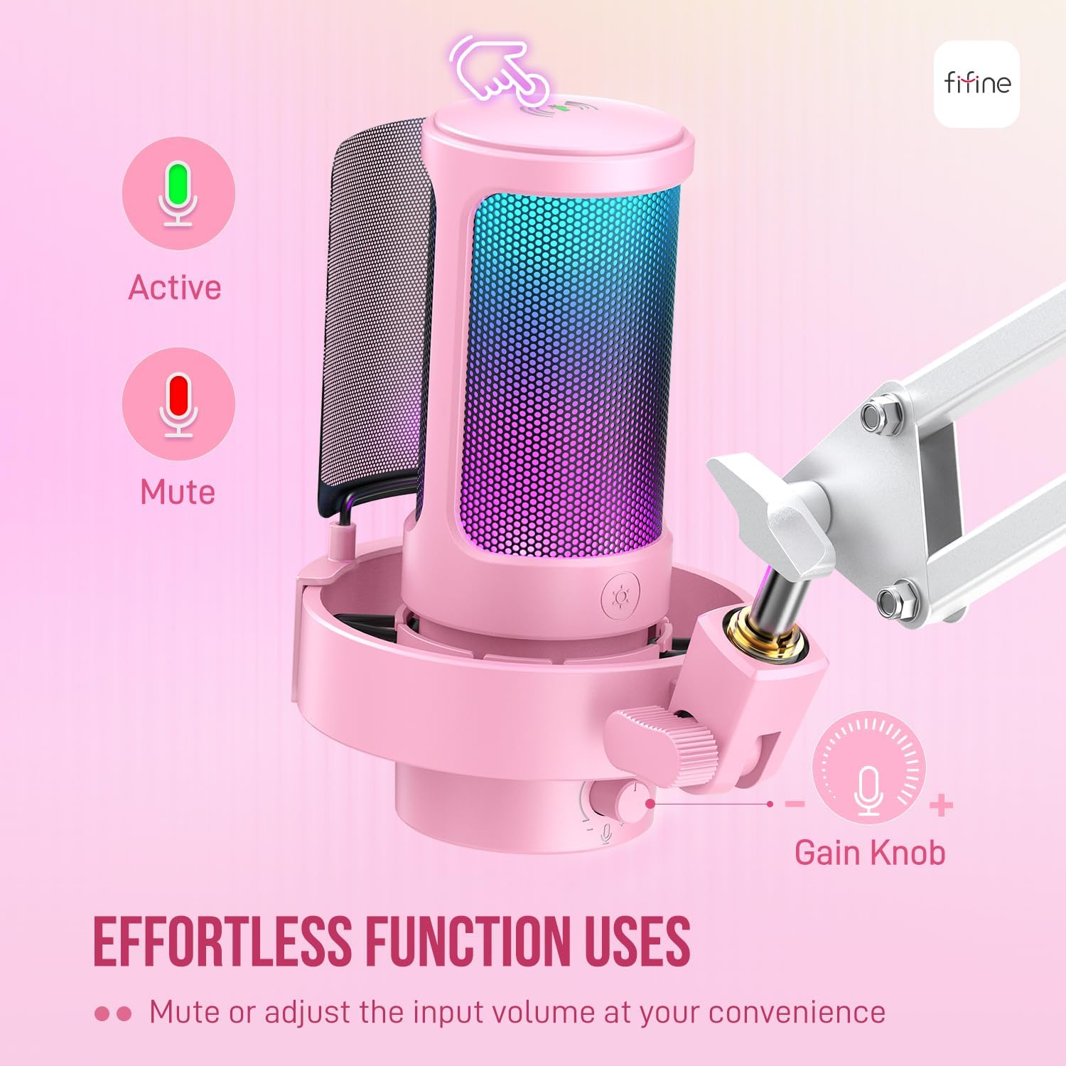 FIFINE USB Streaming Microphone with Boom Arm, Gaming Mic Kit for PC PS4/PS5, Podcast Microphone for Podcast with RGB Control, Mute Button, Gain Knob, Headphones Jack, Pop Filter-A8T Pink