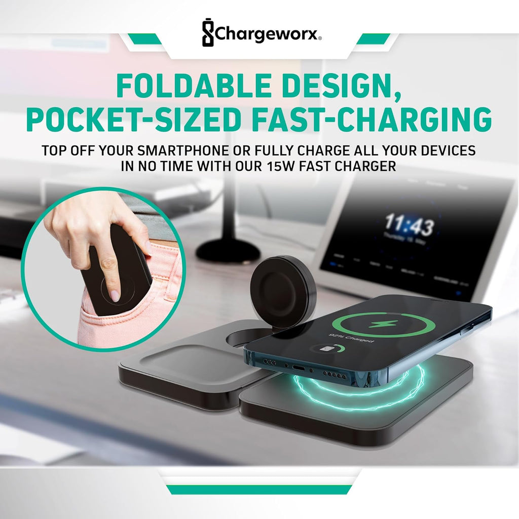 CHARGEWORX 3-in-1 Wireless Charger, Foldable Magnetic Charging Station with 15-Watt Fast Charging, Compatible with iPhone, Samsung, and Other Phones, Smartwatches, and Headphones, Black