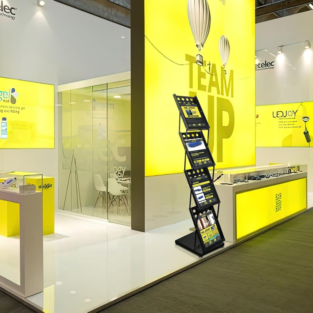 4 Pocket Folding Metal Black Literature Rack with Case Brochure Stand for Trade Show Exhibition Office Retail