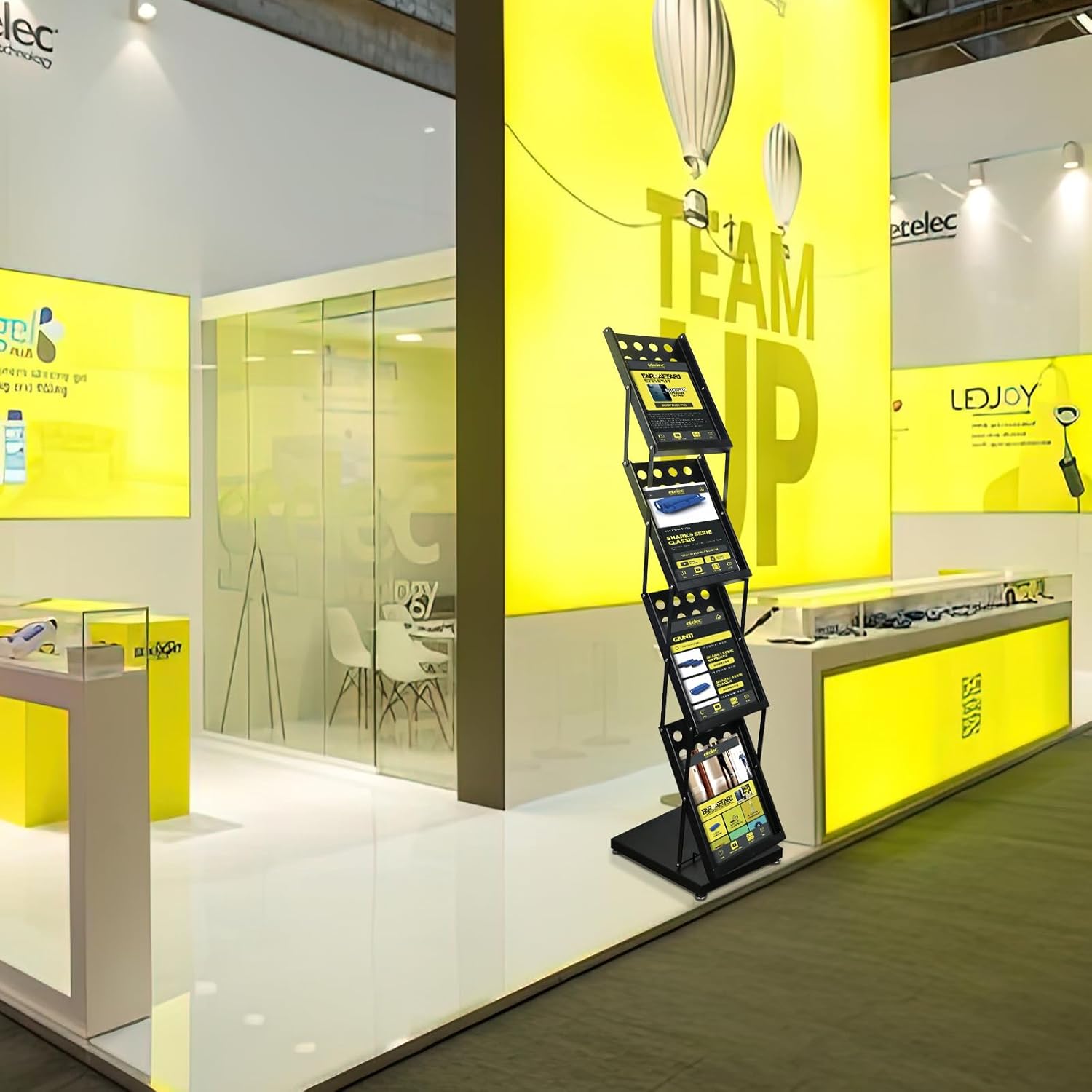 4 Pocket Folding Metal Black Literature Rack with Case Brochure Stand for Trade Show Exhibition Office Retail