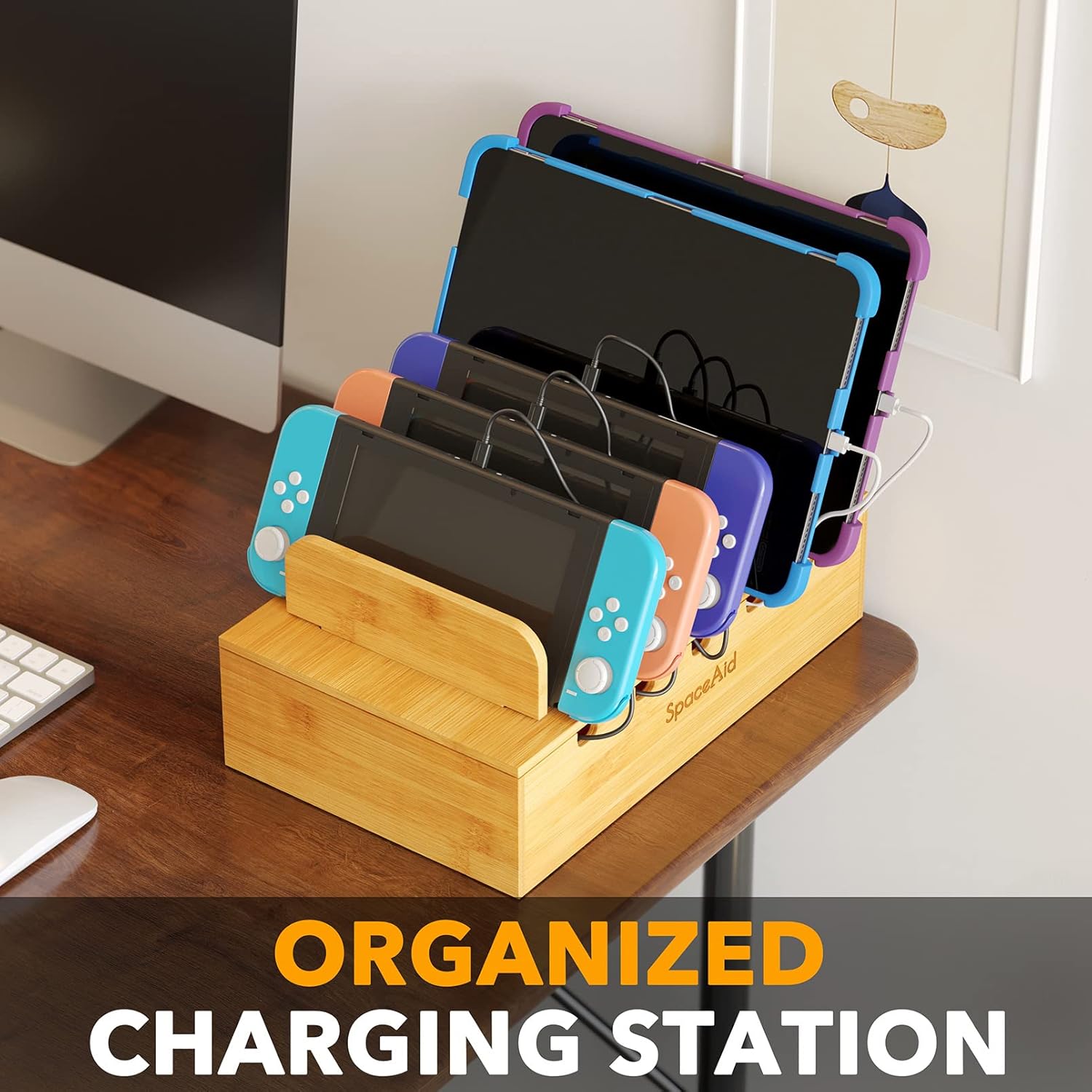SpaceAid Bamboo Charging Station for Multiple Devices, Cell Phone Docking Stations for Multi Laptop, Tablets and iPads, Nightstand Bedside Desk Device Charger Organizer (Natural)