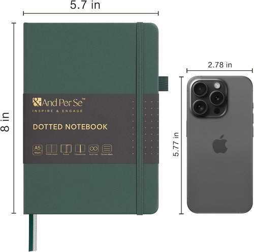 &And Per Se Dotted Journal Notebook (5 Packs), A5 Hardcover Leather Dotted Journal, 160 Pages 100 gsm Thick Paper, 3 Sheets of Stickers Included- 5.7'' x 8'' (Green