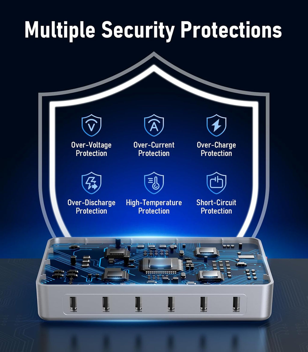 CREATIVE DESIGN 6 Port Charging Station for Multiple Devices,50W Multi Phone Charging Station with 6 Cables, Multiple USB Charger Station Designed for Cellphone iPad iPhone Tablet (Silver)