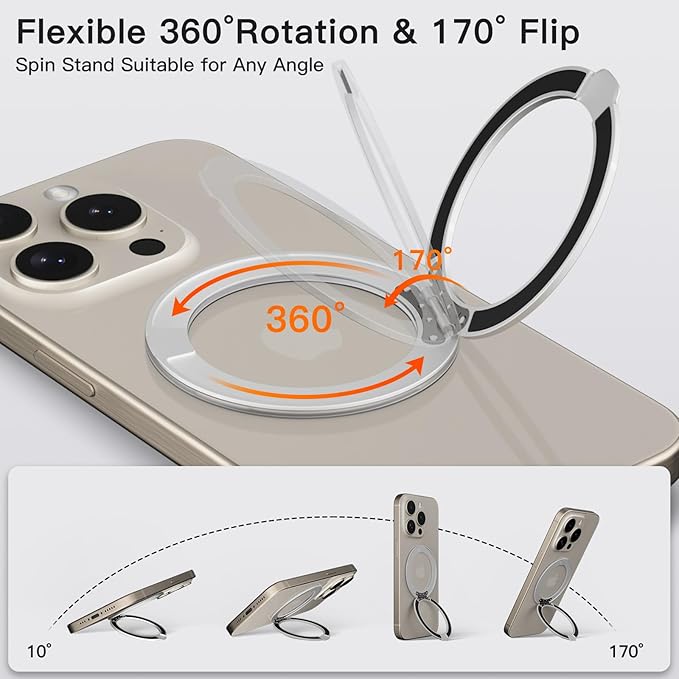 COOLQO Upgraded Magnetic Phone Ring Holder Stand, Super Magnet Cell Phone Grip Finger Kickstand Compatible with MagSafe Mag Safe Accessory for iPhone All Smartphones (1-Silver)