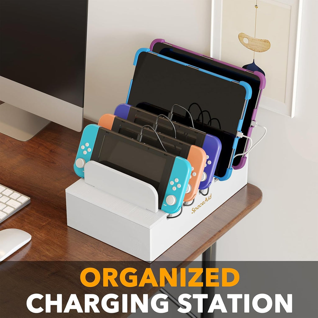 SpaceAid Bamboo Charging Station for Multiple Devices, Cell Phone Docking Stations for Multi Laptop, Tablets and iPads, Nightstand Bedside Desk Device Charger Organizer (White)