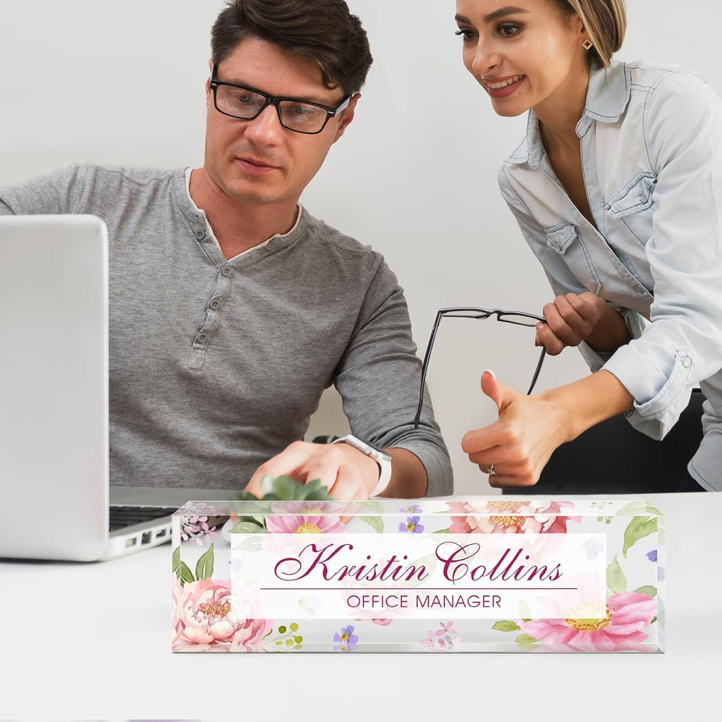 Custom Name Plate for Desk, Acrylic Office Decor For Women Men, Personalized Office Desk Accessories, Teacher Employee Appreciation Gifts For Social Worker Boss Coworkers (Flowers-3)