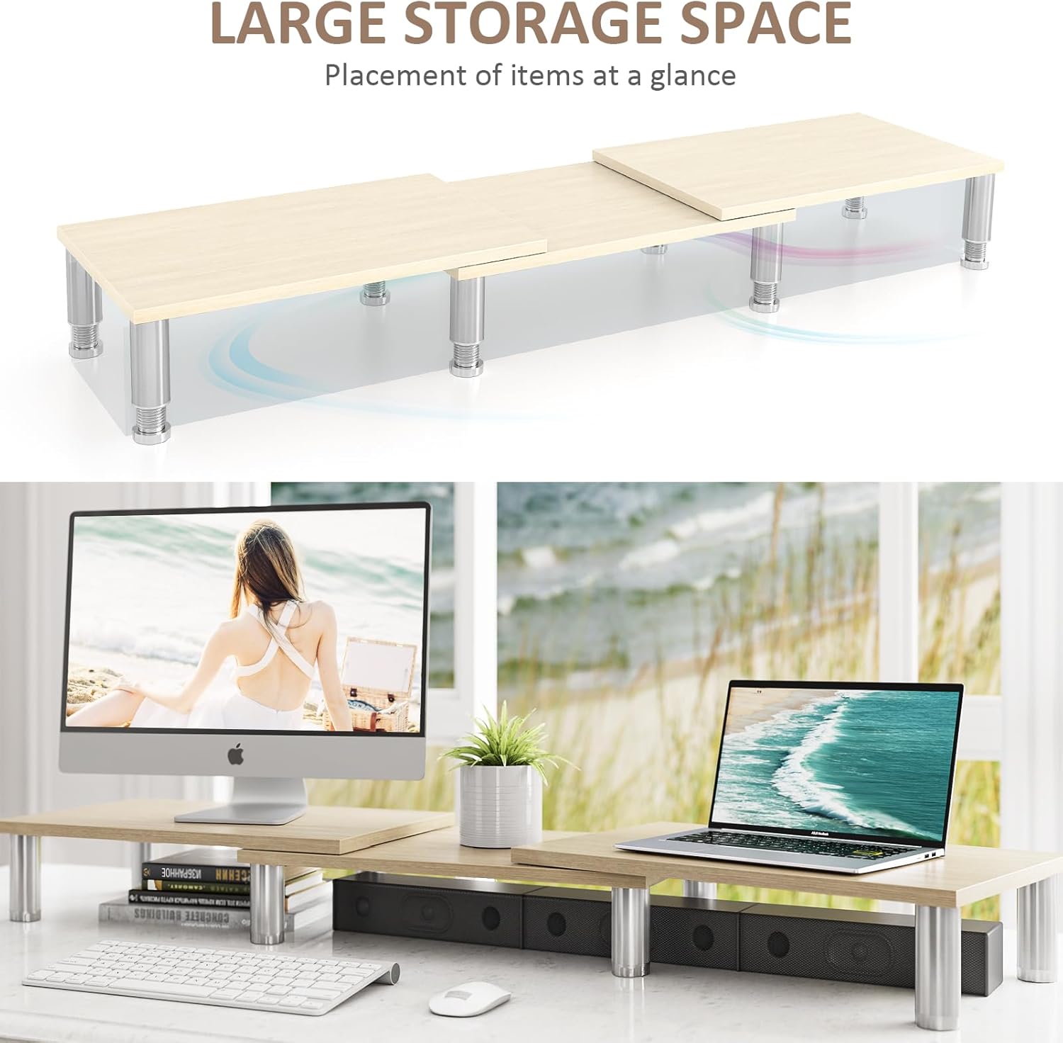 AX Waber Dual Monitor Riser - Adjustable Length & Angle, Wooden Stand for 2 Monitors with Storage