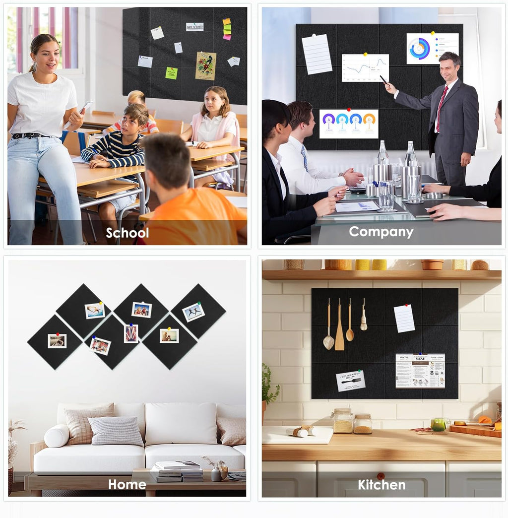 Cork Board for Wall,48"x36" 12 Pack Felt Wall Tiles with Safe Removable Adhesive Tabs, Bulletin Boards for Home Office Kitchen, Pin Board Notice Board for Photos, Memos, Black