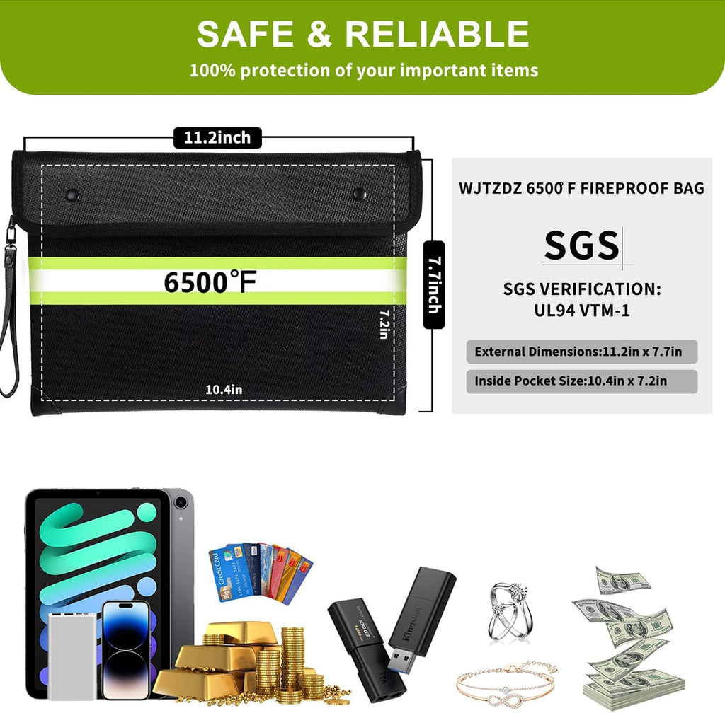 6500°F Fireproof Document Bag with Lock, Upgraded Fireproof/Waterproof Money Bag with Zipper/Reflective Strip,Storage Pouch for Cash,Cell Phone,Passport（Not Suitable for A4 Files）