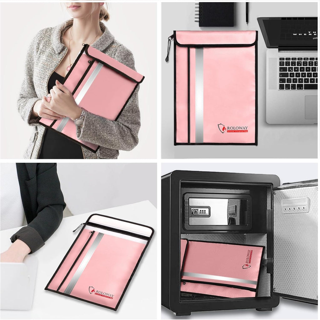 ROLOWAY Fireproof Document Bag (15 x 11 inch) with 2 Pockets & Waterproof Zipper, Fireproof Money Bag, Fire Safe Bag with Reflective Strip, Fireproof Envelope for Cash, Legal Documents Safe (Pink)