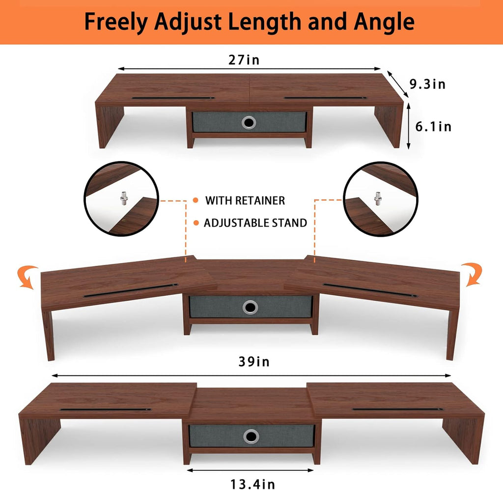 WESTREE Dual Monitor Stand Riser with Drawer - Adjustable Length and Angle, 2 Phone Hold, Desktop Organizer for Computer/Laptop/PC/Printer