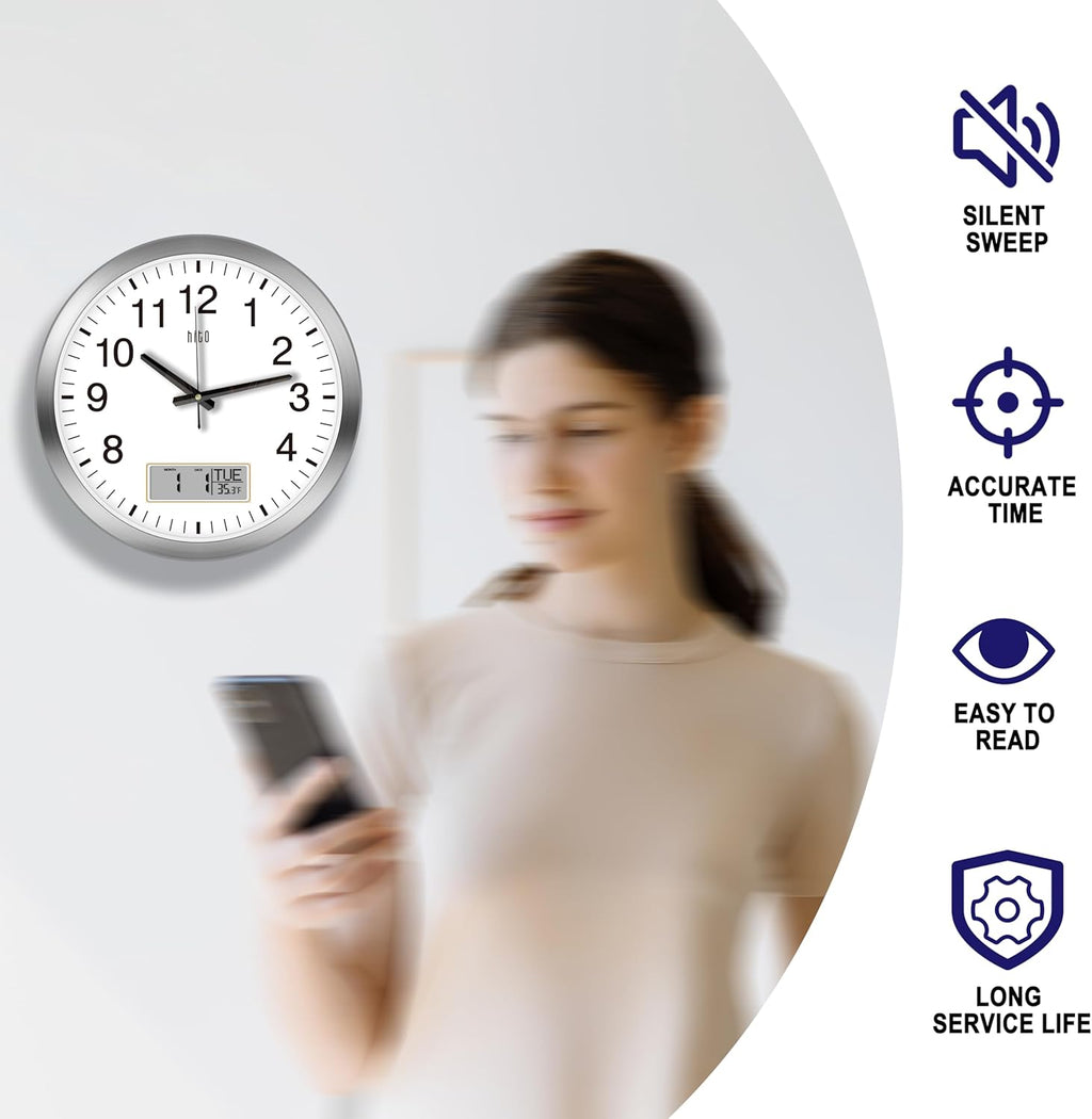 HITO 16 Inch Silent Wall Clock Battery Operated with Temperature and Date, Large Wall Clock for Living Room Decor, Office, Classroom, Bedroom
