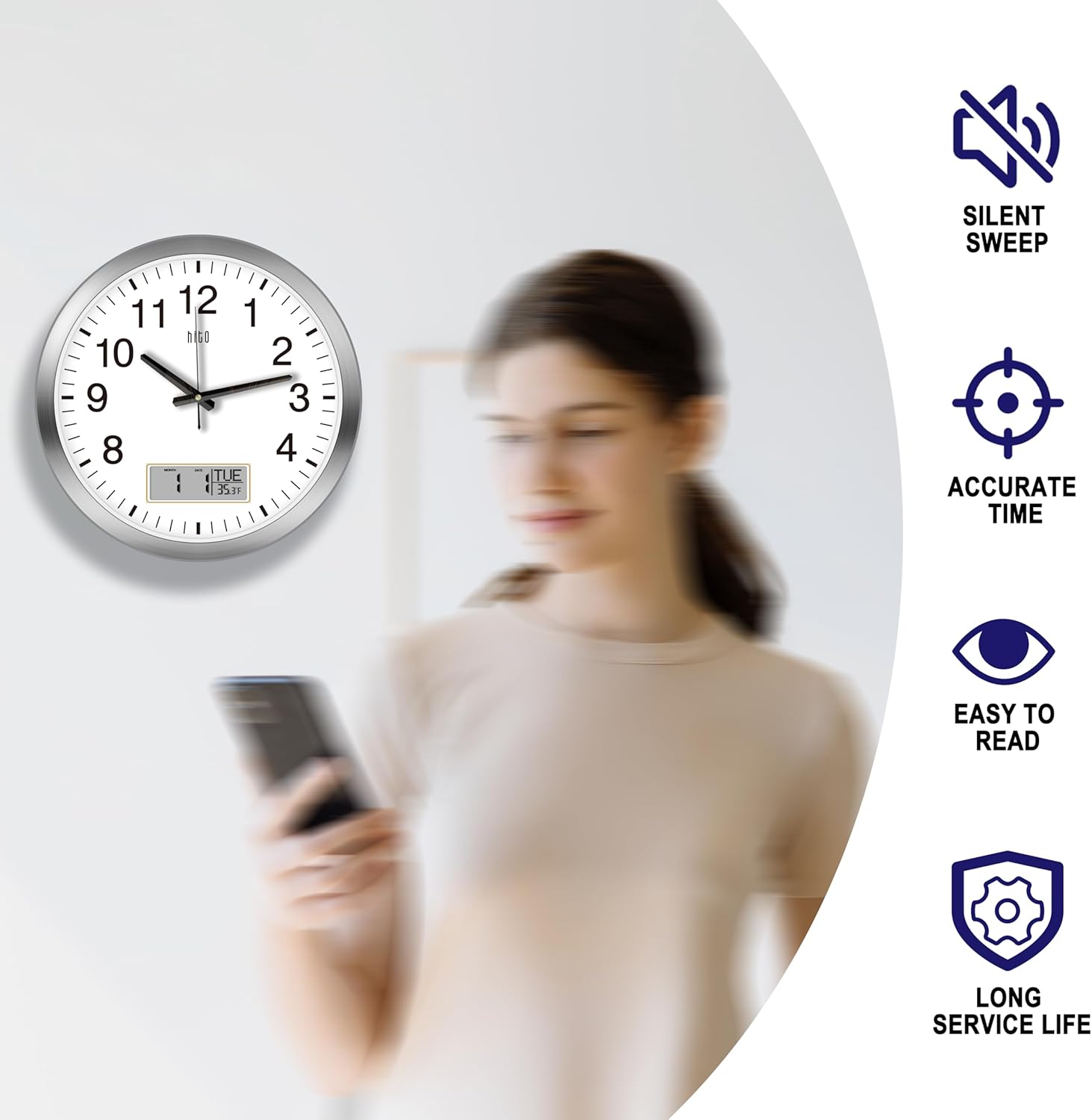 HITO 16 Inch Silent Wall Clock Battery Operated with Temperature and Date, Large Wall Clock for Living Room Decor, Office, Classroom, Bedroom