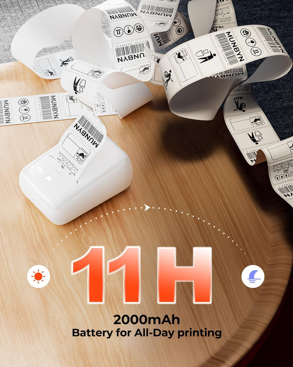 MUNBYN FM226 Label Maker with Tape, Bluetooth Inkless Portable Thermal Sticker Machine,for 0.78-2inch Labels, for Small Businesses, Office Supplies, Address, Clothing, 11H Working Time,White