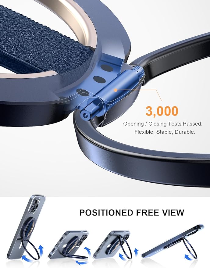 EWA MagOne Ultra Phone Grip Stand with Replaceable Elastic Finger Loop, Removable Magnetic Ring Holder Kickstand Loop, Double-Sided Magnetic Accessories for iPhone 16, 15, 14, 13 Pro/Max/Plus-Blue