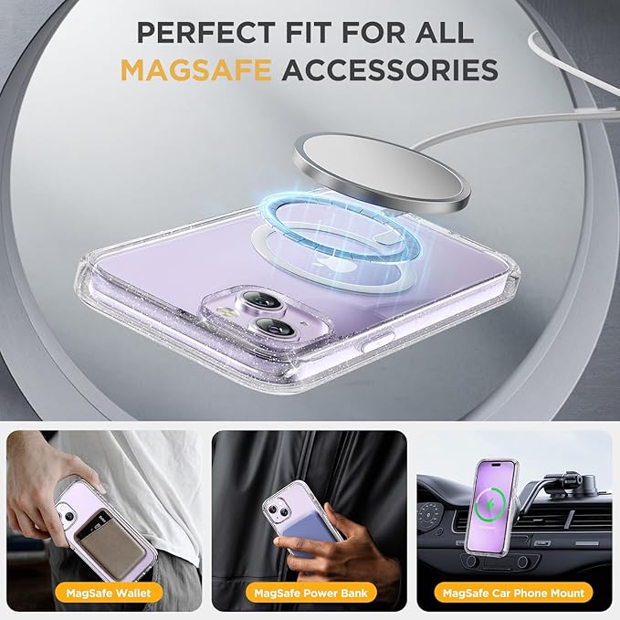 Miracase Magnetic for iPhone 14 Case 6.1", [Built-in Tempered Glass Screen Protector + Lens Protector] [Compatible with MagSafe] Full-Body Protective Bumper 14 Phone Cover, Clear Glitter