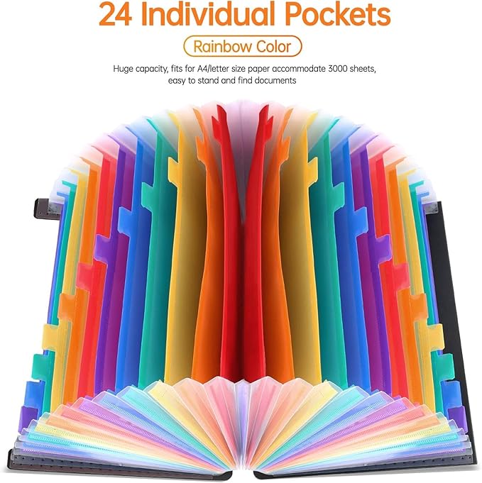 CHEPULA 2 Pack 24 Pockets Accordion File Organizer, A4 Multicolored Expanding File Folder, Large Capacity File Organizer Expandable Folder with Expandable Cover Document Organizer File Box