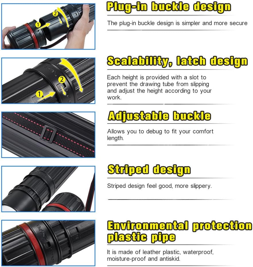 DEWEL Drawing Tube Blueprint Case Telescoping Art Tube Expands from 30”to 52”, Large Plastic Black Fishing Rods Storage Tube Waterproof and Light Resistant Poster Tube with Strap (XL Size)