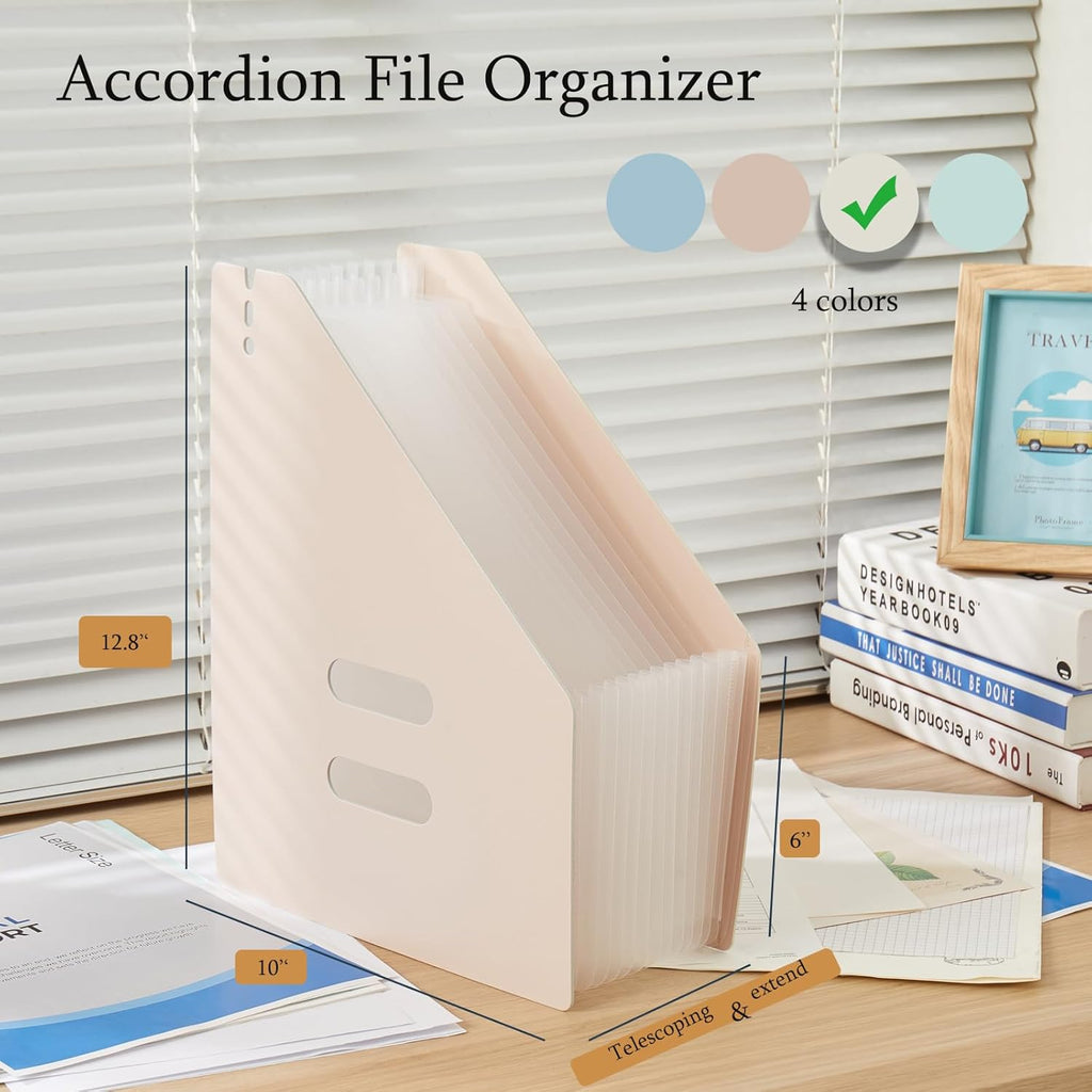 2-Piece Vertical Accordion Folder Manager, 13 Grid Expansion Pages, Vertically Opened Storage Bag for organizing Materials, School, Home, and Office letterhead, Green