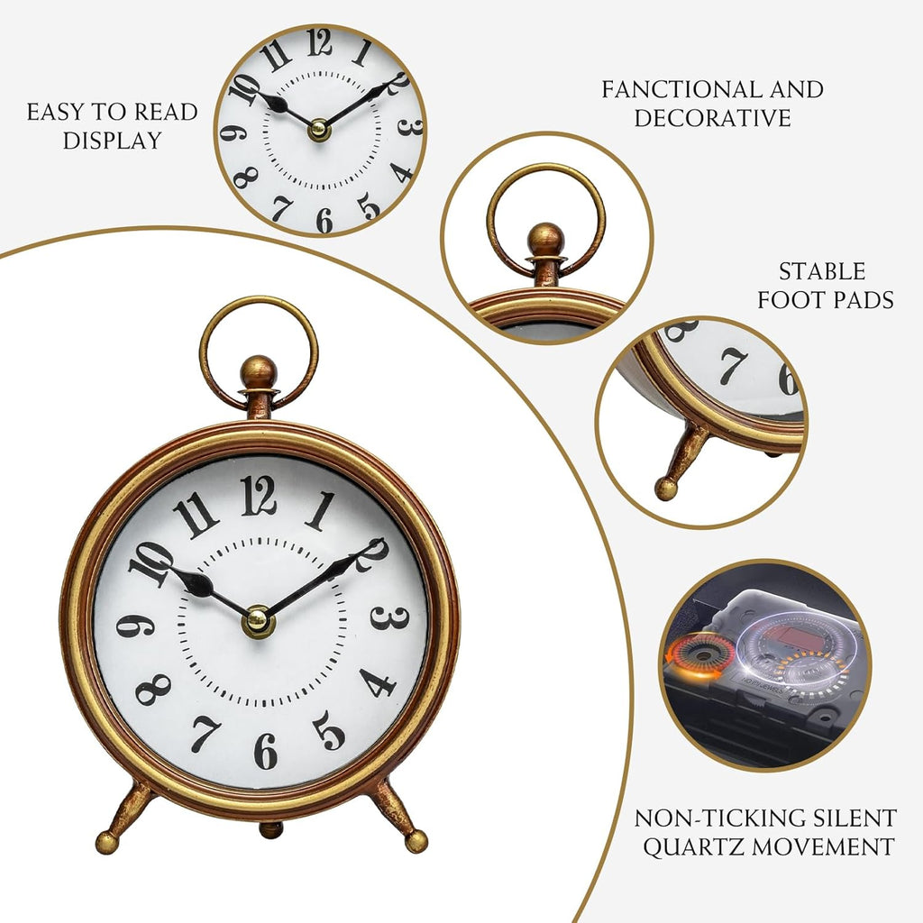 Small Gold Table and Shelf Desk Clock,Vintage Small Table Clock on Stand, Decorative Desk and Shelf Clock Farmhouse Mantel Non-Ticking Clock Rustic Metal Frame with Antique Gold Finish