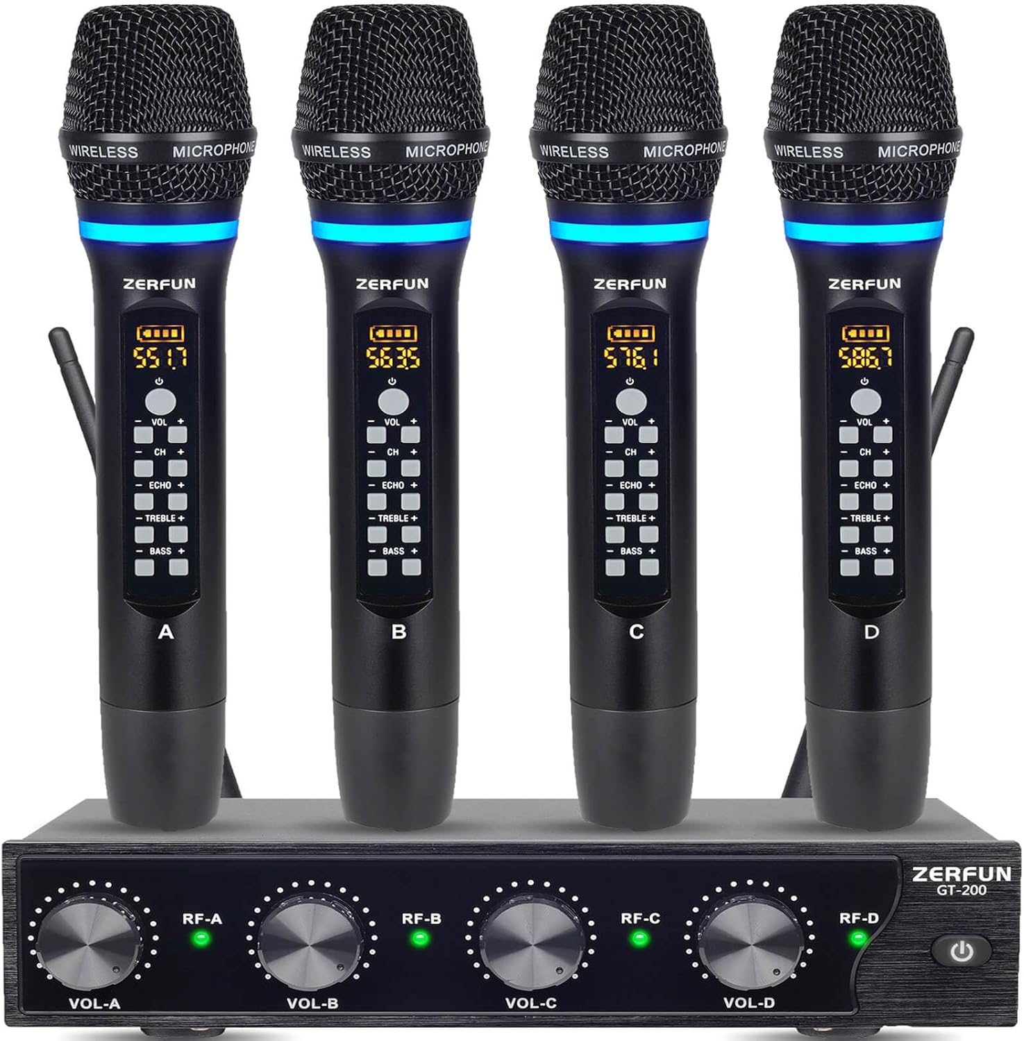 4 Channel Rechargeable Wireless Microphone System, Pro UHF Metal Handheld Wireless Microphones Cordless Mics with Echo Treble BASS VOL Channel Control for Karaoke Singing Church(GT-200)