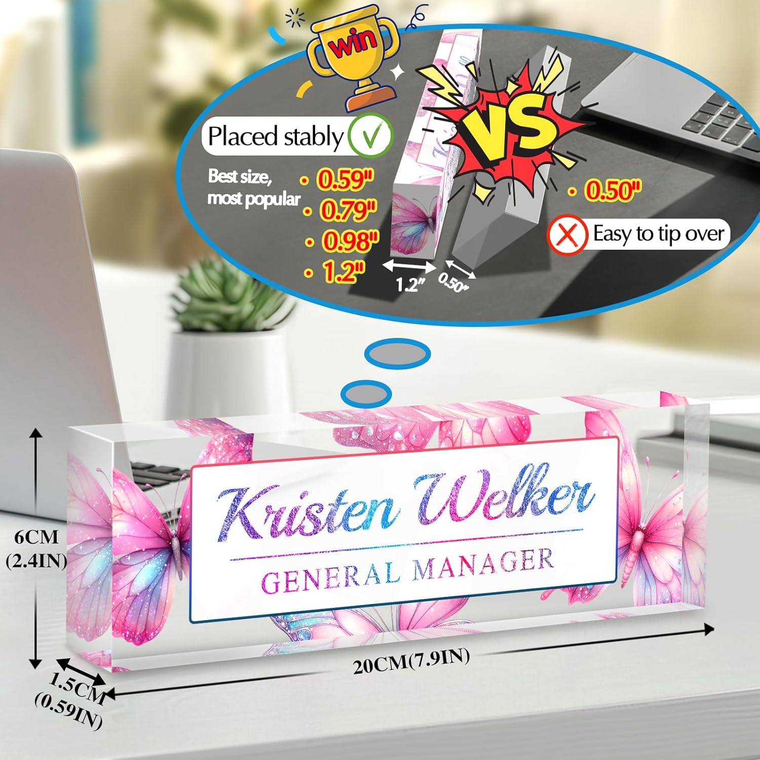 Personalized Name Plate for Desk - Custom Engraved Name Plates for Man - Boss Day Gifts for Boss - Acrylic Office Decor Appreciation Gifts for Teacher Nurse Coworker Social Worker (Pink Butterfly)