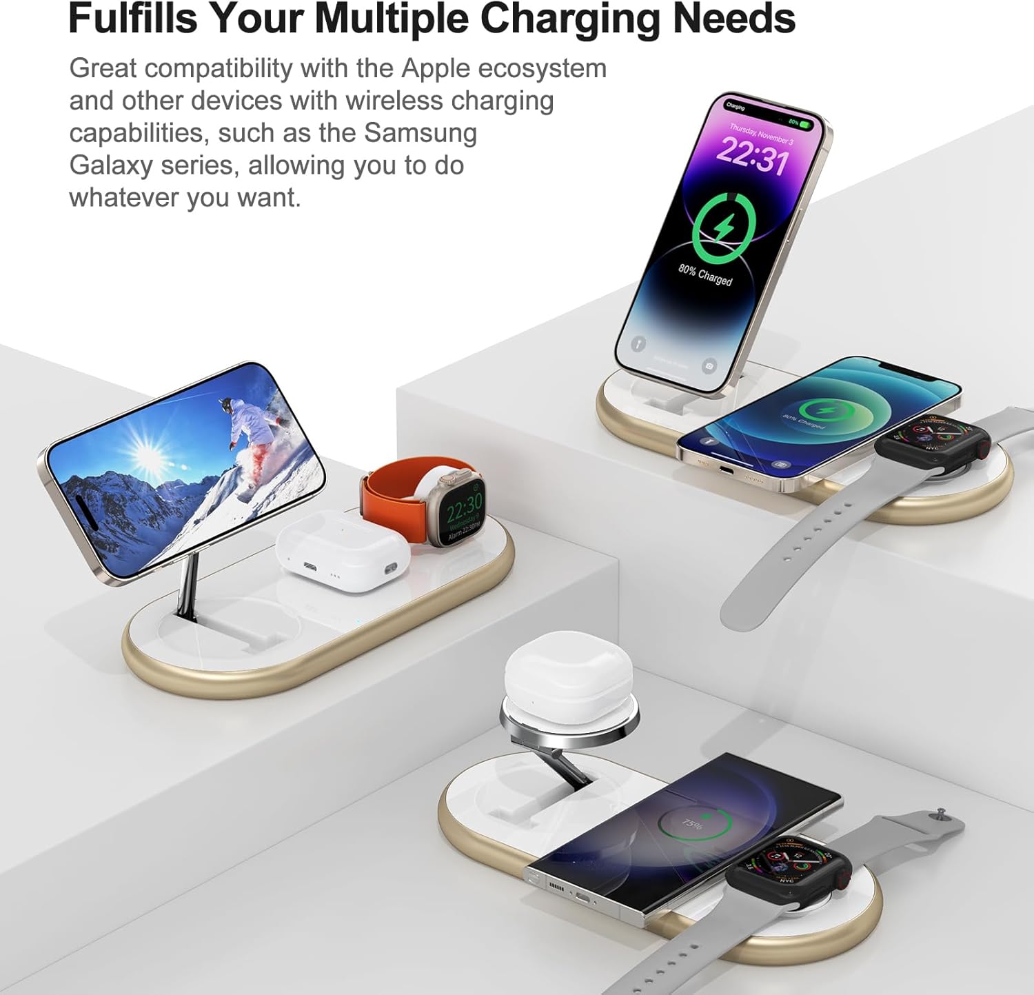 Magnetic Charging Station, 3 in 1 Faster Mag-Safe Wireless Charger Stand, Wireless Charging Pad for Apple Devices, iPhone 16/15/14/13/12 Series, iWatch Series, AirPods (Golden)