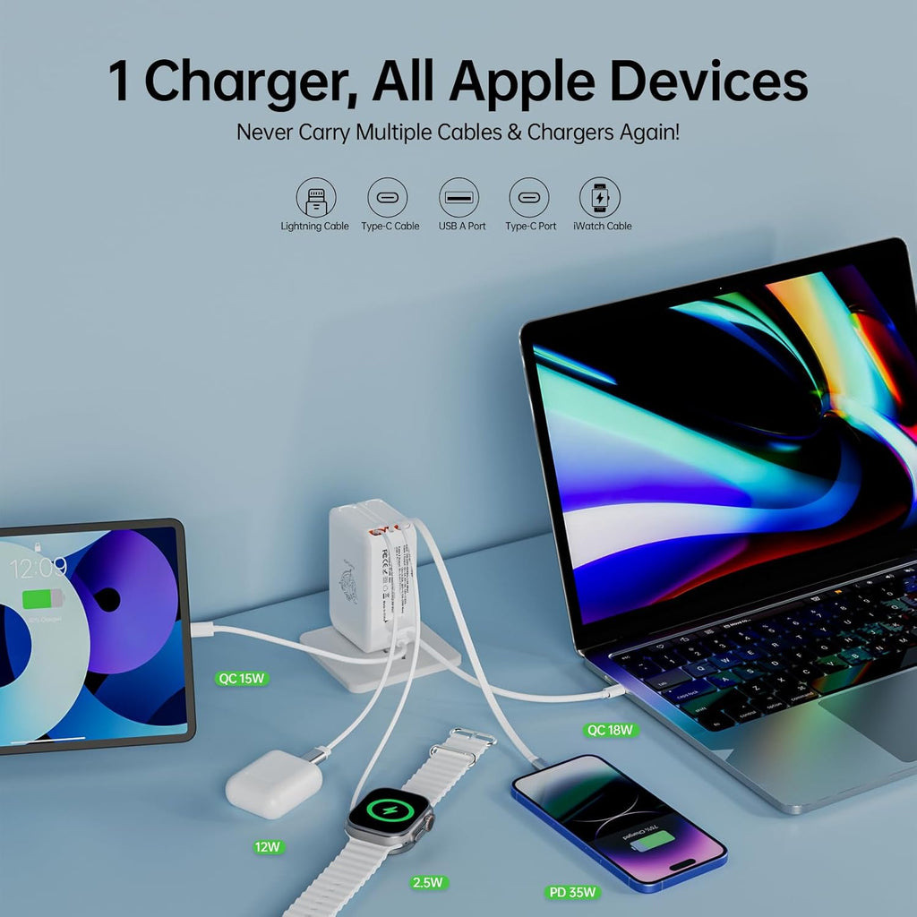 Apple Watch Charger Travel Essentials, 5 in 1 Travel Charging Station for Apple Devices, Retractable Wall Charger with 3*3.2ft Retractable Cables, Fast Charger Block for Apple Gear (White)