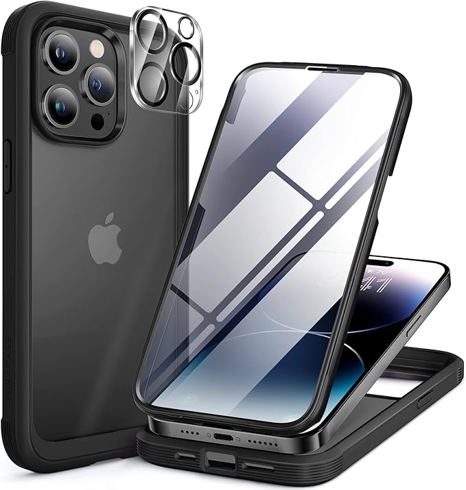 Miracase Glass Series Designed for iPhone 14 Pro Case 6.1 Inch, Upgrade Full-Body Bumper Case with Built-in 9H Tempered Glass Screen Protector, with Camera Lens Protector, Matte Black
