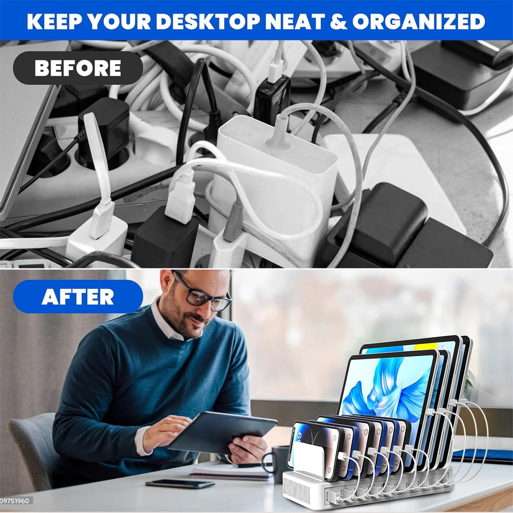 Charging Station for Multiple Devices, 100W 10 Ports Flat Plug Charging Dock with 10 Cables Smart IC Tech and Adjustable Dividers Type-C，Multi USB Charger for iPhone Galaxy iPad Tablet，White