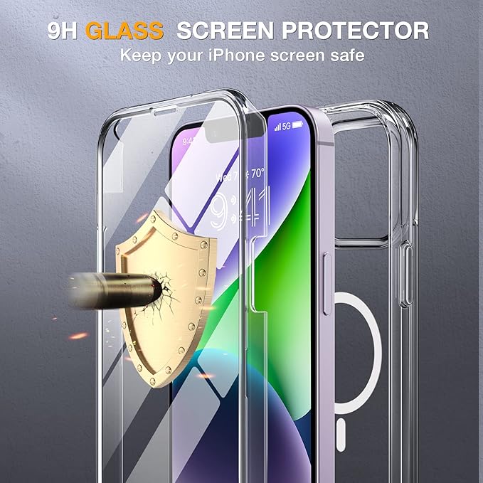 Miracase Magnetic for iPhone 14 Case 6.1'', [Bubble Free] Full-Body Bumper Phone case with Built-in Full Glass Screen &Lens Protector,No Gap,Compatible with MagSafe,Drop Proof 14 Cover,Clear